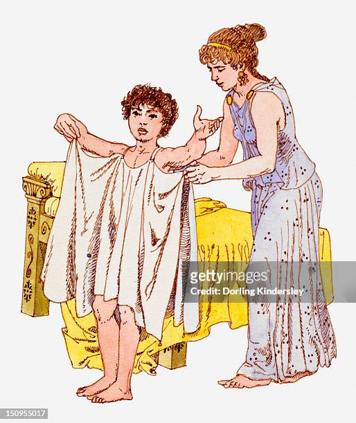 ilustraciones, imágenes clip art, dibujos animados e iconos de stock de illustration of ancient greek slave girl helping greek boy dress - ancient civilization