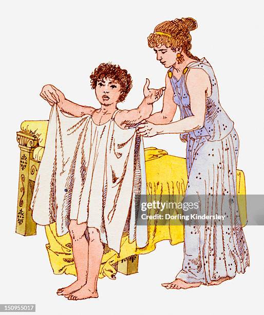 stockillustraties, clipart, cartoons en iconen met illustration of ancient greek slave girl helping greek boy dress - klassieke beschaving