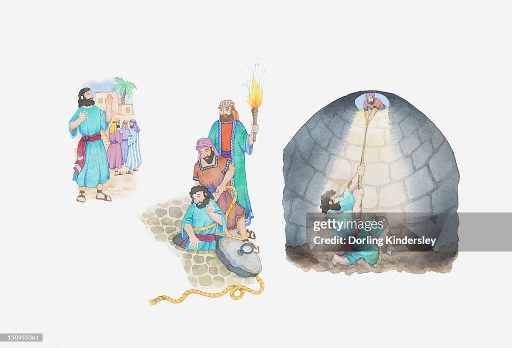 Illustration of a bible scene, Jeremiah 38: Jeremiah is thrown into a cistern by the king for predicting Jerusalem's defeat to Babylon and then rescued