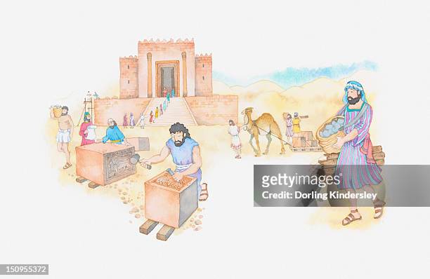 illustration of a bible scene, 2 kings 12, temple of solomon is repaired by king josiah's men - judaism stock illustrations