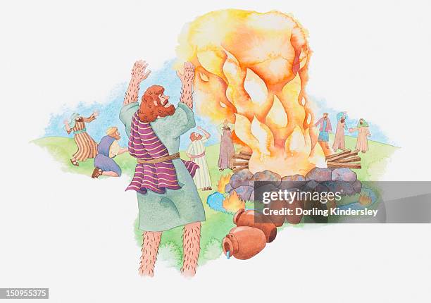 illustration of a bible scene, 1 kings 18, elijah proves god's existence by praying to him to set a damp pile of wood and stones on fire - elias stock-grafiken, -clipart, -cartoons und -symbole