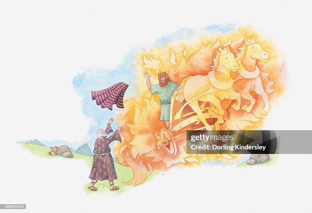 Illustration of a bible scene, 2 Kings 2, Elijah ascends to heaven on a chariot of fire