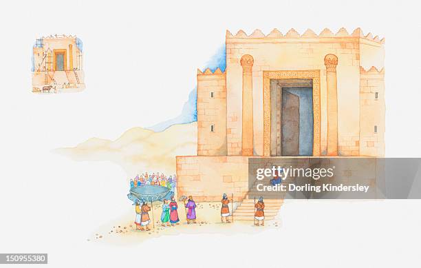 bildbanksillustrationer, clip art samt tecknat material och ikoner med illustration of a bible scene, 1 kings 6, 8, king solomon builds the first temple to god in jerusalem - temple building