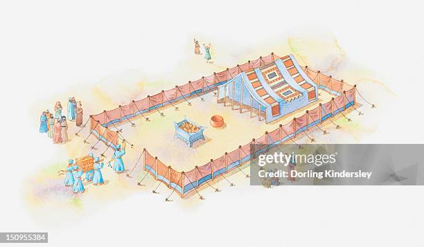 illustration of a bible scene, exodus 35-36, tabernacle, god instructs moses to build a house of prayer for the wandering israelites - moses stock illustrations