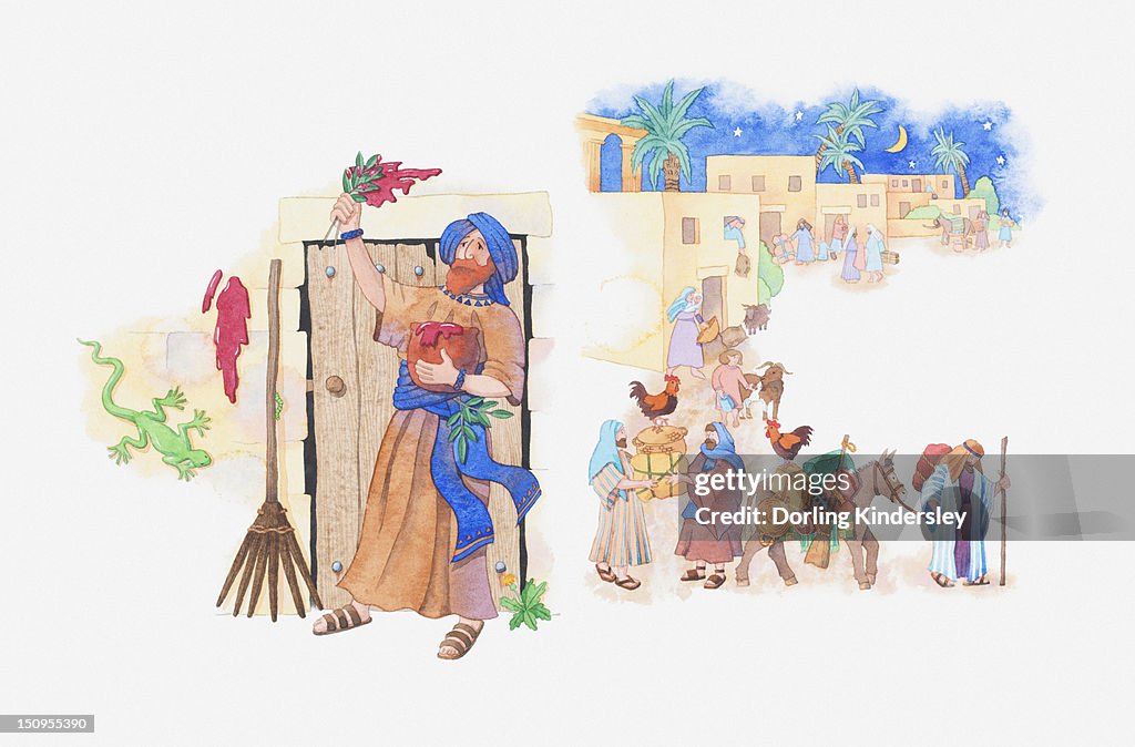 Illustration of a bible scene, Exodus 12, Passover, Moses instructs God's people how to keep safe and the pharaoh agrees to let them leave Egypt