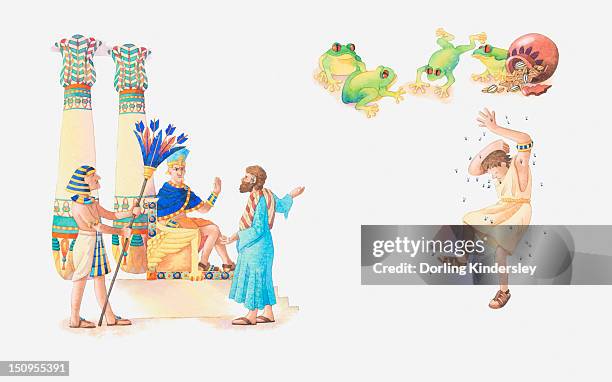 illustration of a bible scene, exodus 7-11: plagues, god sends plagues to egypt because the pharaoh will not let the israelites go free - moses stock illustrations