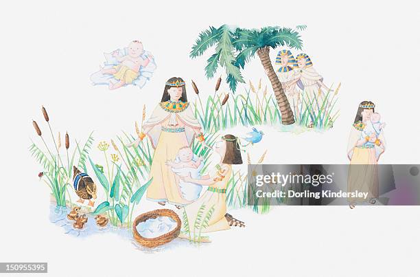 illustration of a bible scene, exodus 2, baby moses, moses is left in a basket on the banks of the nile by his mother, the pharaoh's daughter finds him and he becomes her son - river nile stock illustrations