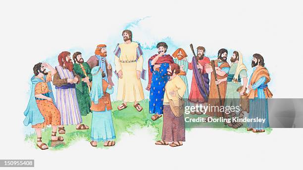 illustration of a bible scene, john 1, jesus chooses 12 disciples - apostel stock-grafiken, -clipart, -cartoons und -symbole