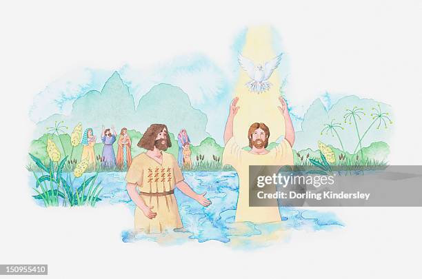 illustration of a bible scene, luke 3, john the baptist baptises jesus in the river jordan, god speaks to him and send down his holy spirit in the form of a dove - johannes der täufer stock-grafiken, -clipart, -cartoons und -symbole
