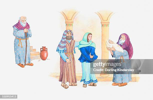 illustrazioni stock, clip art, cartoni animati e icone di tendenza di illustration of a bible scene, luke 2, simeon sees and holds the baby jesus at a temple, mary and joseph are standing nearby - holy family jesus mary and joseph