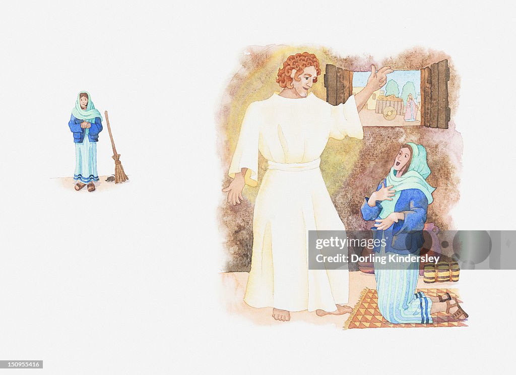 Illustration of a bible scene, Luke 1, Angel Gabriel visits Mary and tells her God wishes her to be mother of his child