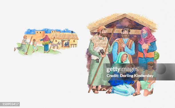 illustration of a bible scene, luke 2, the shepherds travel to bethlehem to see baby jesus - nativity scene white background stock illustrations