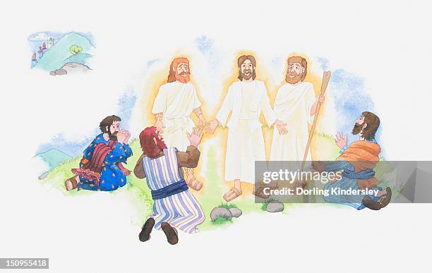 illustration of a bible scene, matthew 17, transfiguration, jesus speaks with moses and elijah while peter, james and john watch - republic of karelia russia stock illustrations