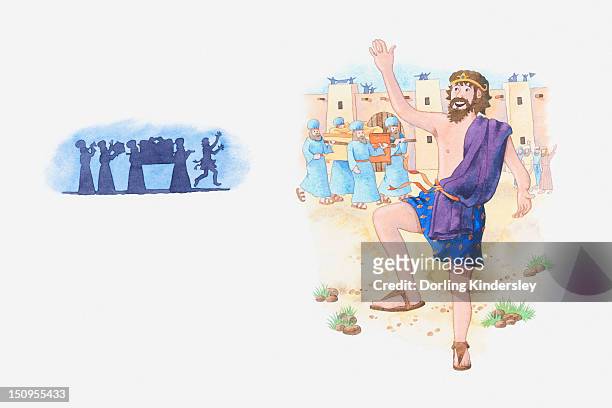 stockillustraties, clipart, cartoons en iconen met illustration of a bible scene, 2 samuel 6, david becomes king of israel, brings the ark of the covenant to jerusalem and celebrates - ark of the covenant