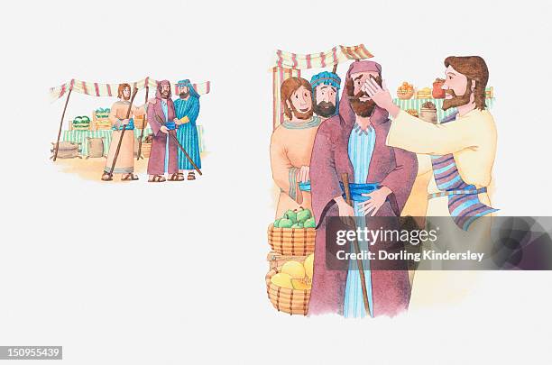 illustrazioni stock, clip art, cartoni animati e icone di tendenza di illustration of a bible scene, mark 8, jesus heals the blind - images of jesus healing