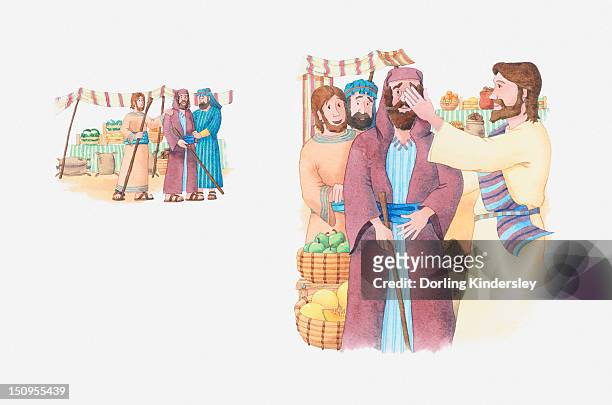 illustration of a bible scene, mark 8, jesus heals the blind - blind white background stock illustrations