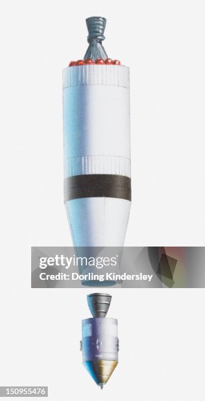 Illustration of command module and service module separating from rocket Illustration of command module and service module separating from rocket