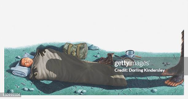 illustration of shadow of bigfoot (sasquatch)looming over a sleeping albert ostman - bigfoot stock-grafiken, -clipart, -cartoons und -symbole