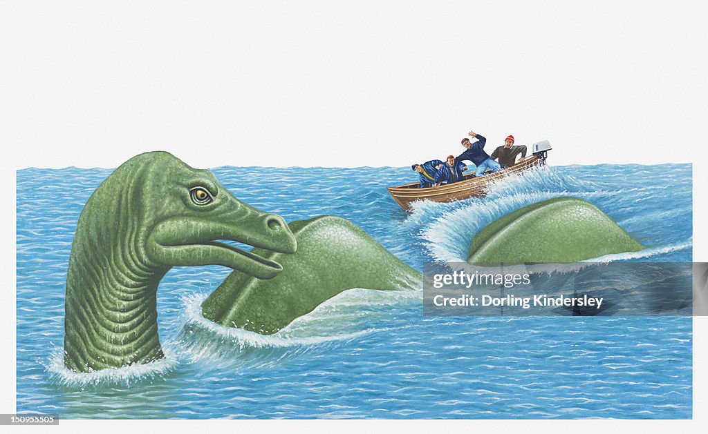 Illustration of of men in small boat as Loch Ness Monster emerges out of the water