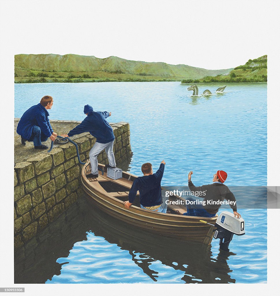 Illustration of men in boat and at water's edge pointing at the Loch Ness Monster