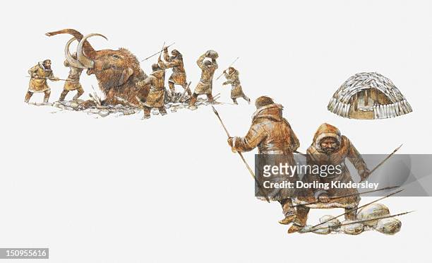 illustration of ice age hunters killing a mammoth - prehistoric era stock illustrations