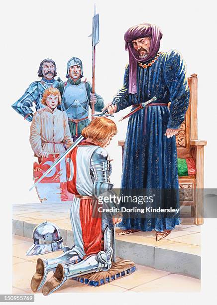 illustration of a medieval squire being dubbed a knight - ceremony stock-grafiken, -clipart, -cartoons und -symbole