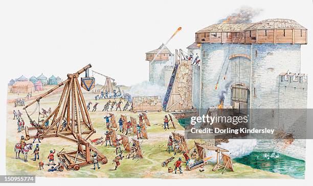 ilustrações, clipart, desenhos animados e ícones de illustration of medieval castle under siege and being attacked by enemy - castle