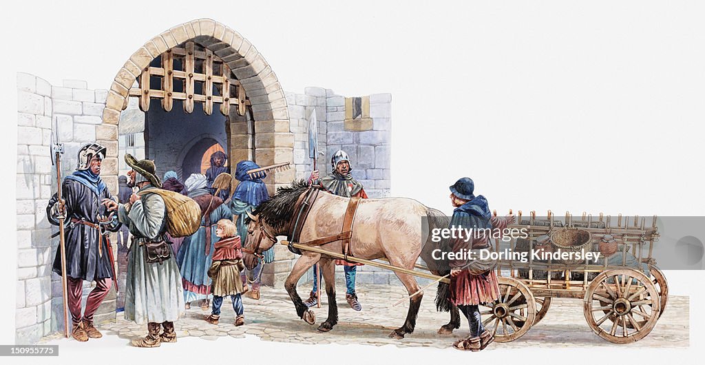 Illustration of peasants arriving at a medieval castle to buy and sell in the courtyard market