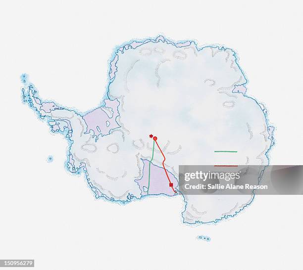 ilustrações de stock, clip art, desenhos animados e ícones de illustration, map of antarctica showing amundsen's and scott's route to the south pole - robert falcon scott