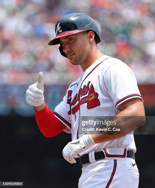 Matt Olson of the Atlanta Braves reacts after hitting a single in the first inning against the Miami Marlins at Truist Park on July 02, 2023 in...