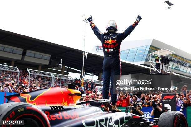 Race winner Max Verstappen of the Netherlands and Oracle Red Bull Racing celebrates in parc ferme after the F1 Grand Prix of Austria at Red Bull Ring...