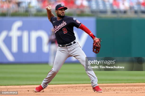 Jeimer Candelario of the Washington Nationals fields a ground ball during the fifth inning against the Philadelphia Phillies at Citizens Bank Park on...