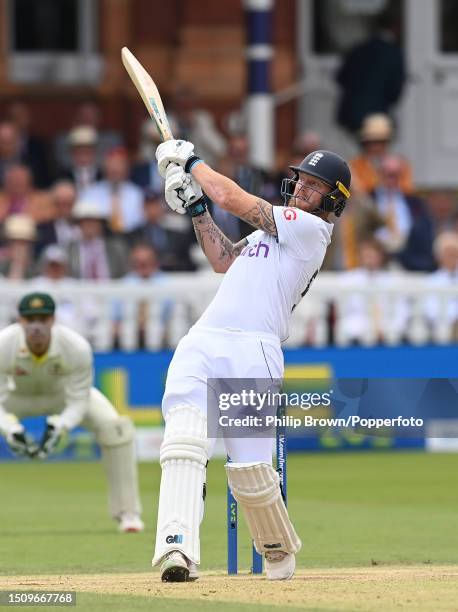 Ben Stokes of England hits a six during the fifth day of the 2nd Test between England and Australia at Lord's Cricket Ground on July 02, 2023 in...