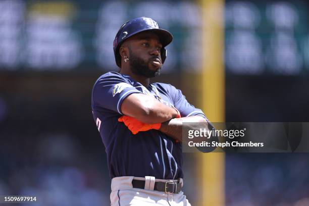 Randy Arozarena of the Tampa Bay Rays celebrates his home run during the first inning against the Seattle Mariners at T-Mobile Park on July 02, 2023...