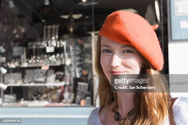 france, pas-de-calais, escalles, portrait of young woman in red beret - basker bildbanksfoton och bilder