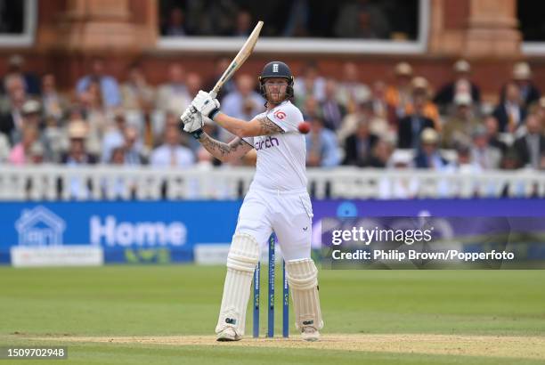 Ben Stokes of England hits out during the fifth day of the 2nd Test between England and Australia at Lord's Cricket Ground on July 02, 2023 in...