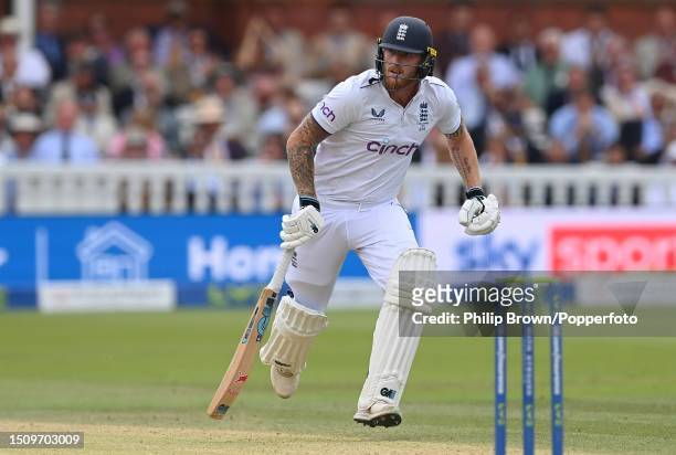 Ben Stokes of England runs during the fifth day of the 2nd Test between England and Australia at Lord's Cricket Ground on July 02, 2023 in London,...