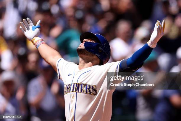 Eugenio Suarez of the Seattle Mariners celebrates his home run during the second inning against the Tampa Bay Rays at T-Mobile Park on July 02, 2023...