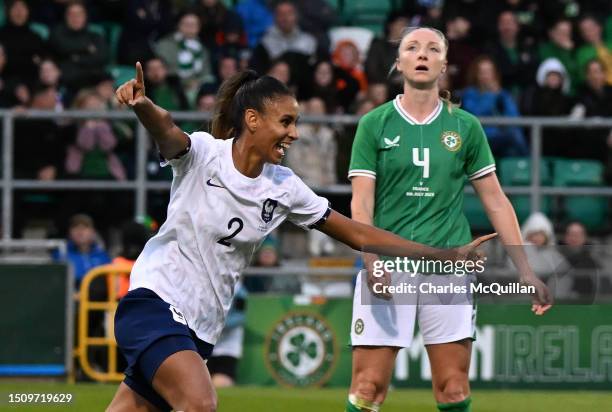 Maelle Lakrar of France celebrates after scoring her sides third goal during the international women's football friendly match between Republic of...