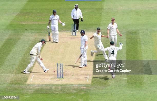 Jonny Bairstow of England is run out by Alex Carey of Australia during Day Five of the LV= Insurance Ashes 2nd Test match between England and...