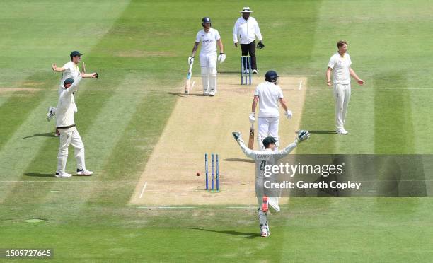 Jonny Bairstow of England is run out by Alex Carey of Australia during Day Five of the LV= Insurance Ashes 2nd Test match between England and...