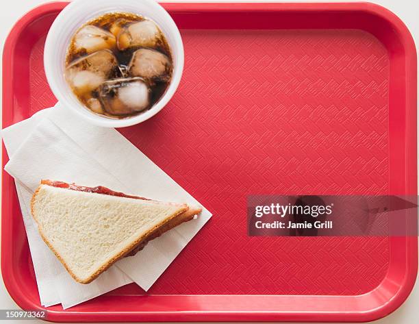 sandwich and soda on tray - tray stock pictures, royalty-free photos & images