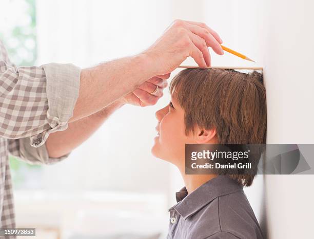 usa, new jersey, jersey city, father measuring son's (10-11 years) height - 10 to 13 years stock pictures, royalty-free photos & images