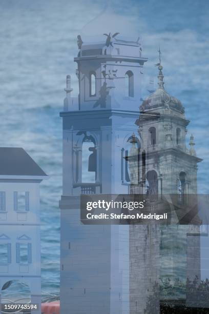 church bell tower, double exposure - luogo di preghiera foto e immagini stock