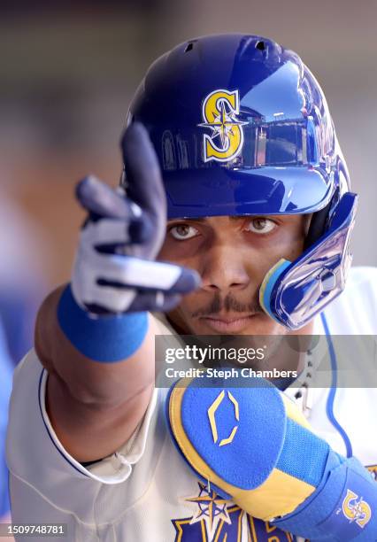 Julio Rodriguez of the Seattle Mariners reacts after his run against the Tampa Bay Rays during the third inning at T-Mobile Park on July 02, 2023 in...