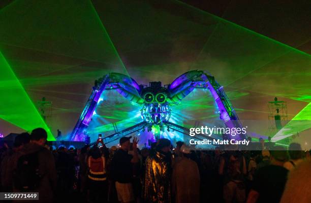 The Chemical Brothers perform at the Arcadia spider during Day 3 of the Glastonbury Festival 2023 at Worthy Farm, Pilton on June 23, 2023 in...