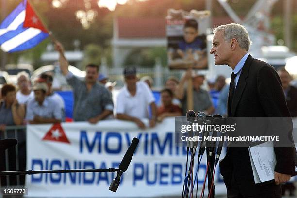 Kendall Coffey, co-counsel for Elian and Lazaro Gonzales, speaks during a press conference in front of the Gonzalez home in Miami's Little Havana...