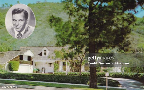 Vintage souvenir postcard published in 1958 from the Movie Star Homes series, depicting mansions and grand estates of Hollywood celebrities in Los...