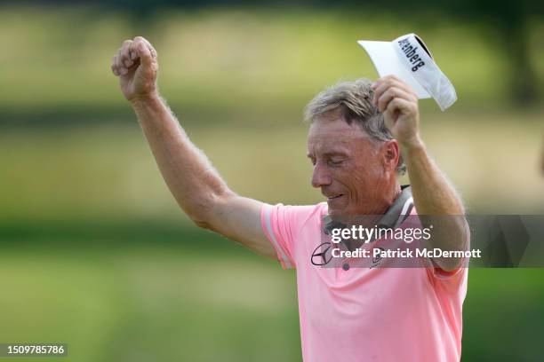 Bernhard Langer of Germany celebrates after wining the U.S. Senior Open Championship at SentryWorld on July 02, 2023 in Stevens Point, Wisconsin.