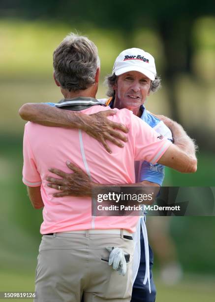 Bernhard Langer of Germany celebrates with caddie Terry Holt after winning the U.S. Senior Open Championship at SentryWorld on July 02, 2023 in...